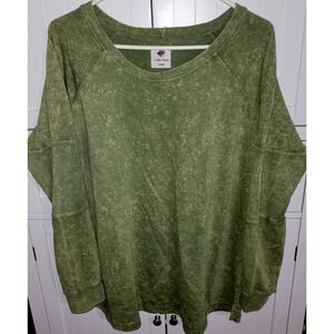 Like Love Olive Green Acid Wash Raglan Long Sleeve Top Thermal Detail JOE1-124 L